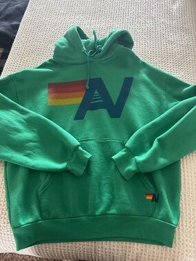 Aviator Nation Green Hoodie with Rainbow and Navy Logo